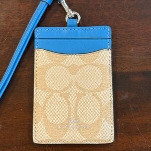 Coach Signature Lanyard ID Badge Holder Wallet Blue Leather Canvas
